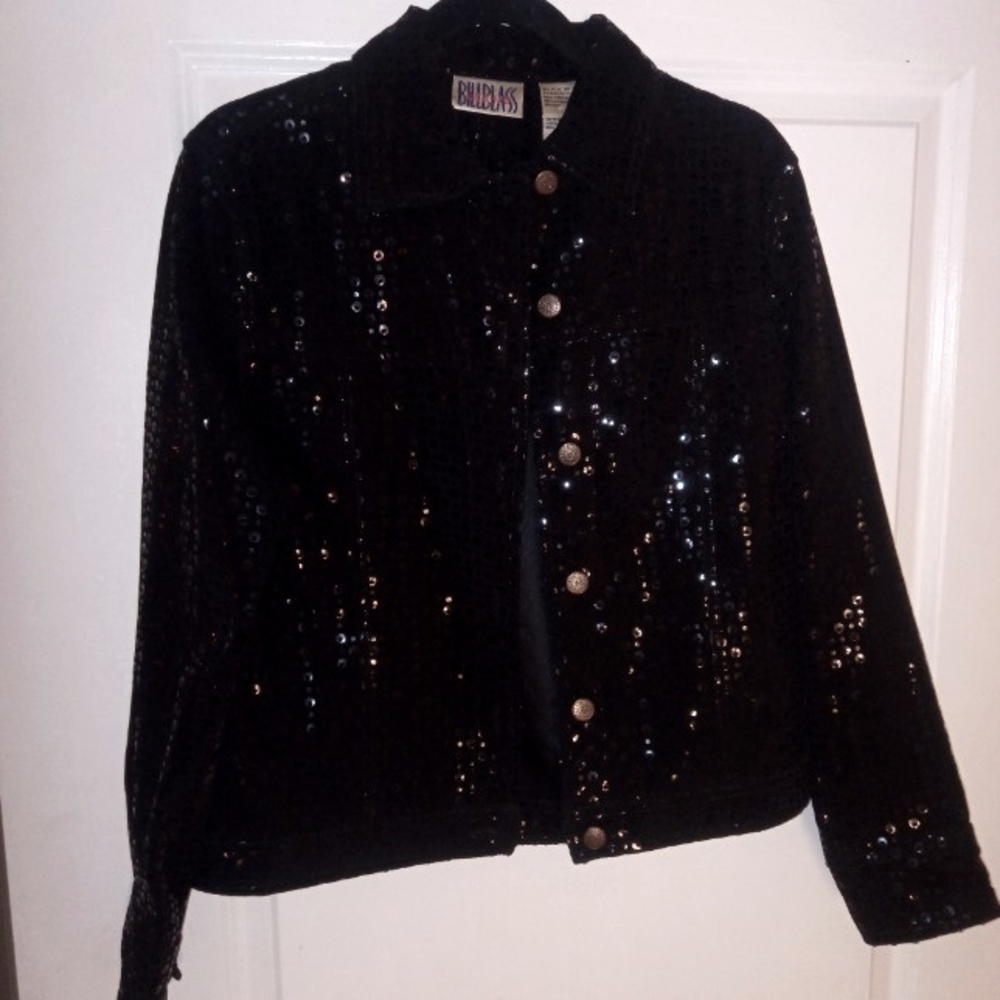 Bill Blass Jean Black Sequins Dressy Jacket with Side Pockets